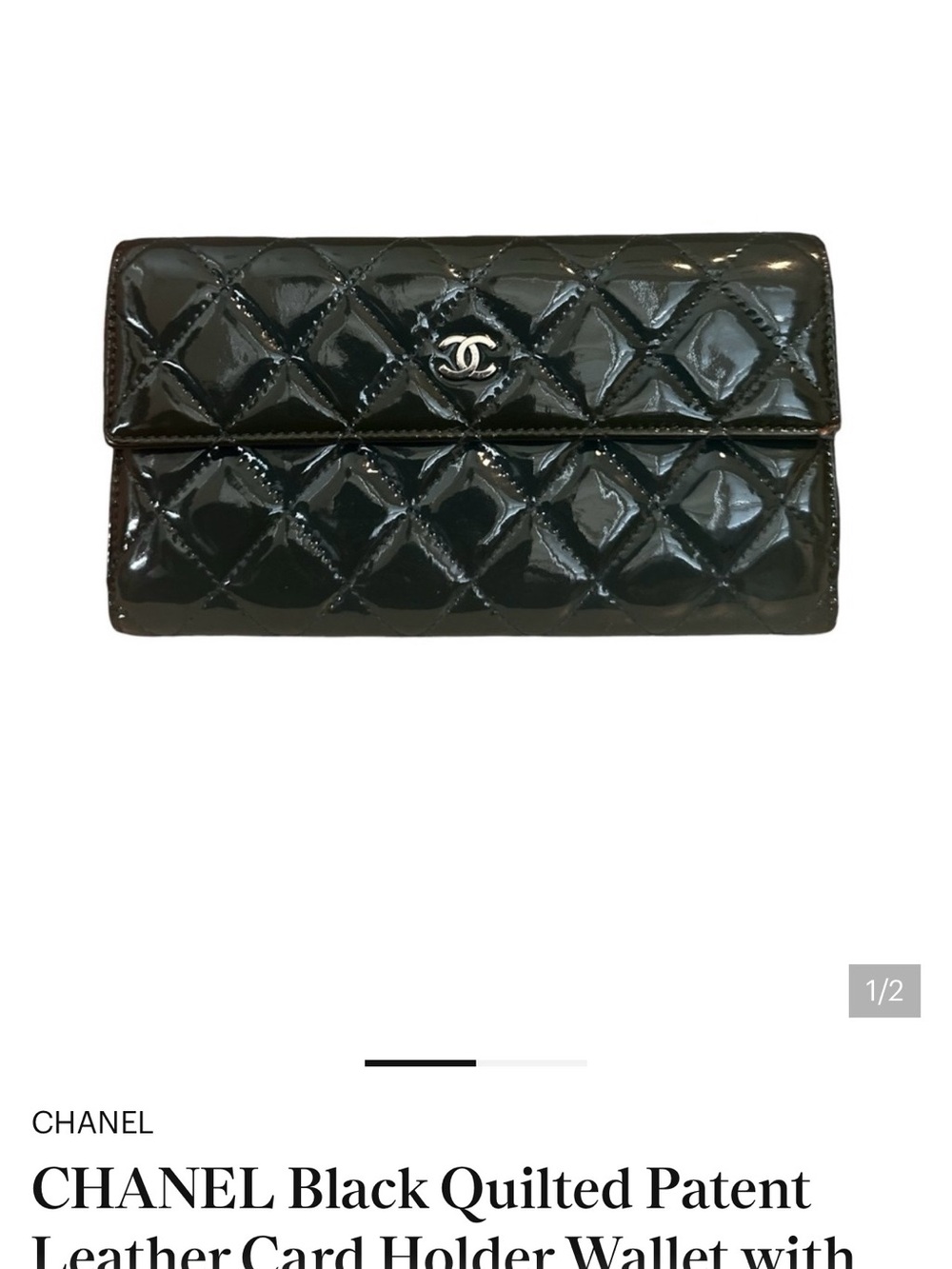 CHANEL Black Quilted Patent Leather Card Holder Wallet with Silver CC